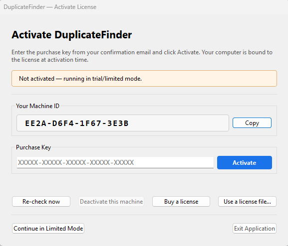 Activate DuplicateFinder dialog showing Machine ID field and Purchase Key entry