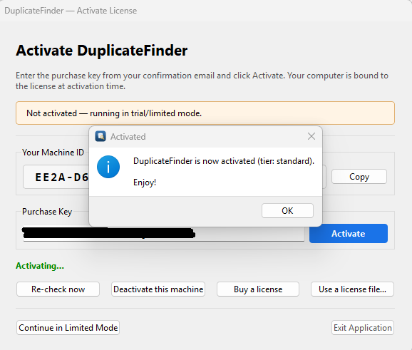 Activation success dialog confirming DuplicateFinder is now activated (tier: standard)