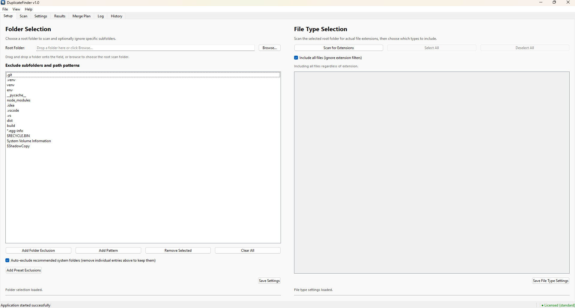 Setup tab showing Folder Selection panel on the left and File Type Selection panel on the right