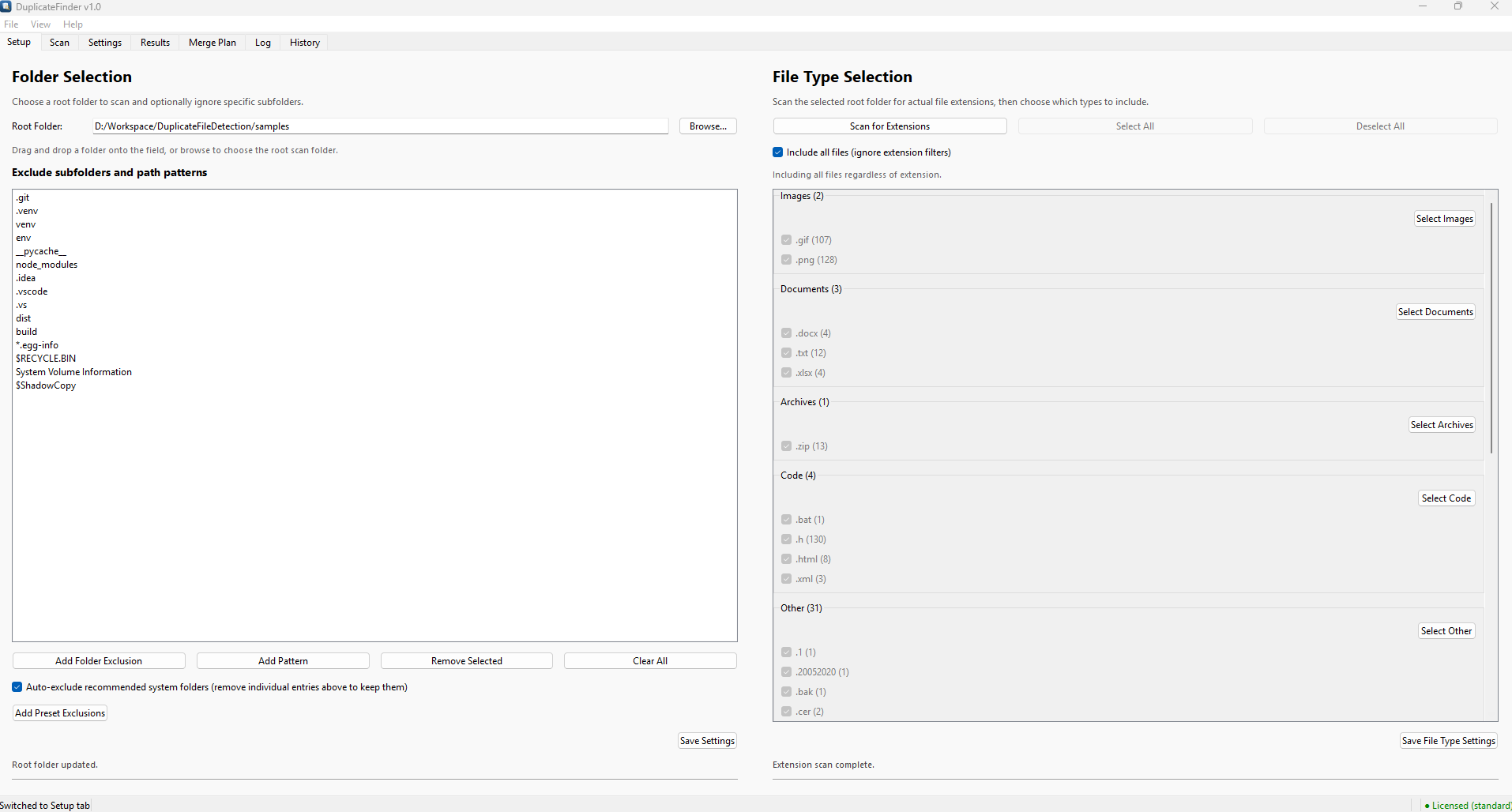 Setup tab showing Folder Selection on the left with exclusion list and File Type Selection on the right with discovered extensions grouped by category