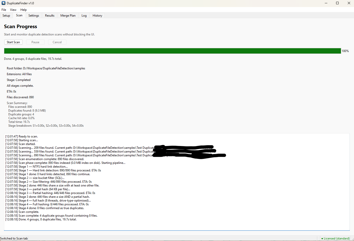 Scan Progress tab showing completed scan with progress bar, stage summary, file count, and timestamped stage log