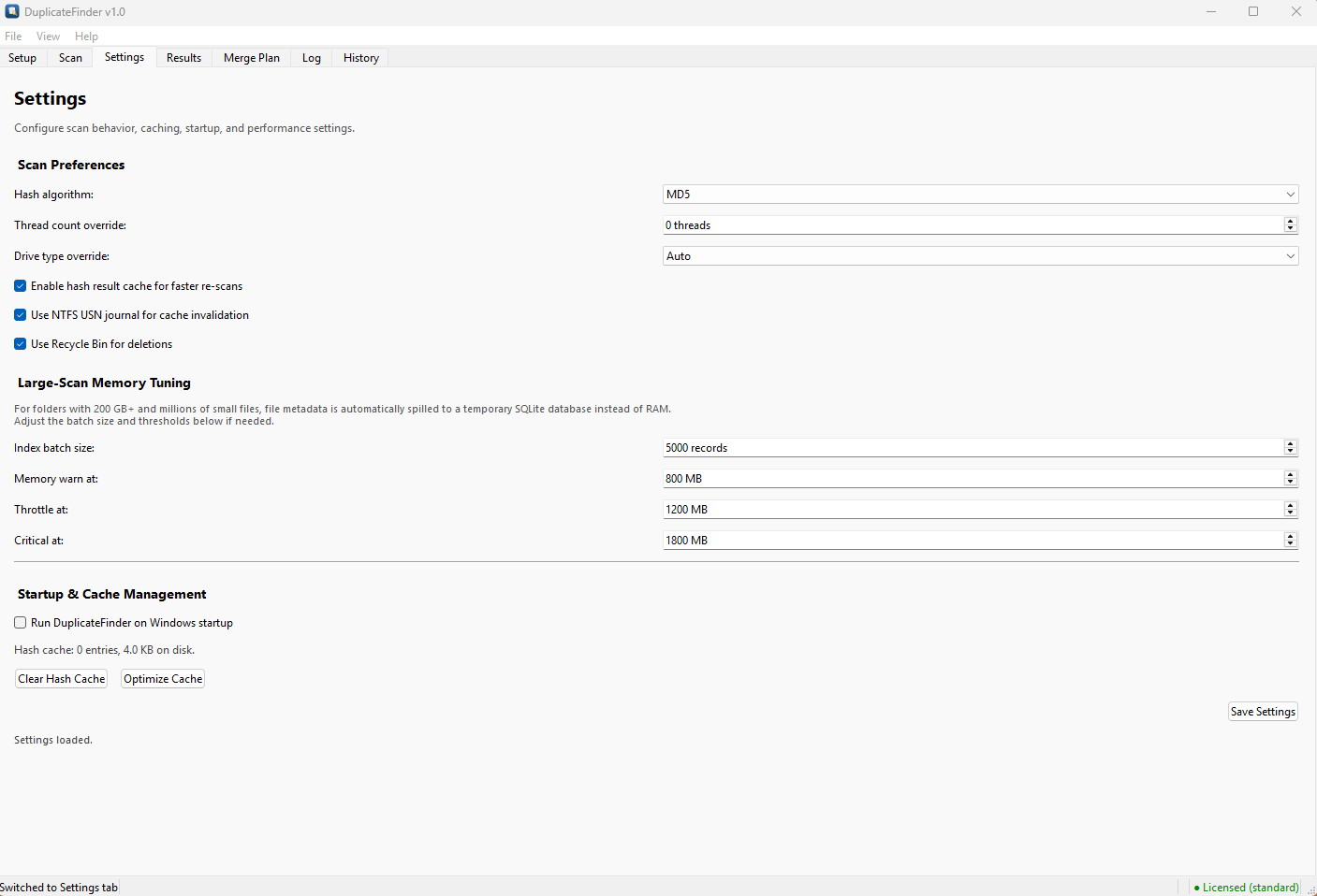 Settings panel showing Scan Preferences, Large-Scan Memory Tuning, and Startup and Cache Management sections