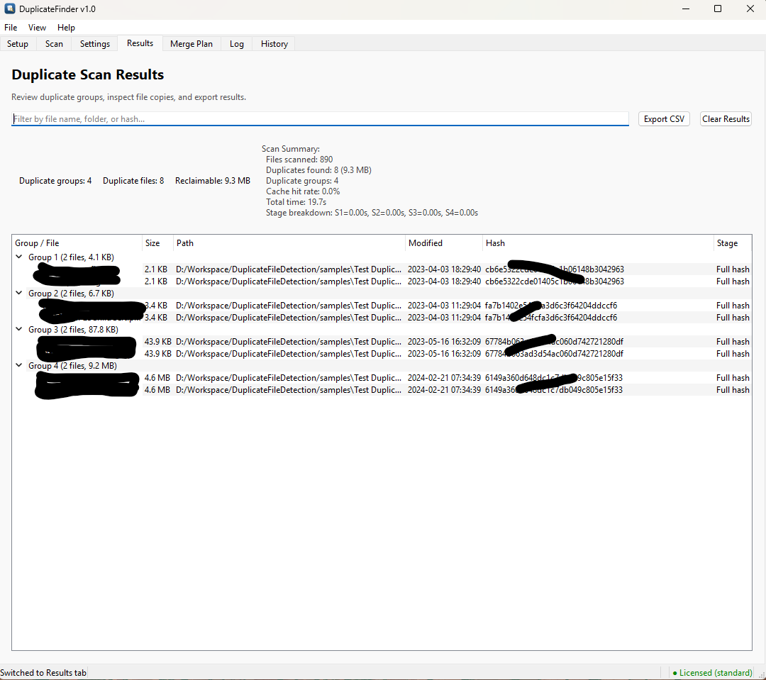 Duplicate Scan Results panel showing duplicate groups with file paths, sizes, modified dates, and content hashes