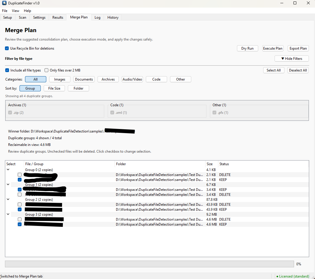 Merge Plan panel with file type category filter, KEEP and DELETE status for each file, and Dry Run and Execute Plan buttons