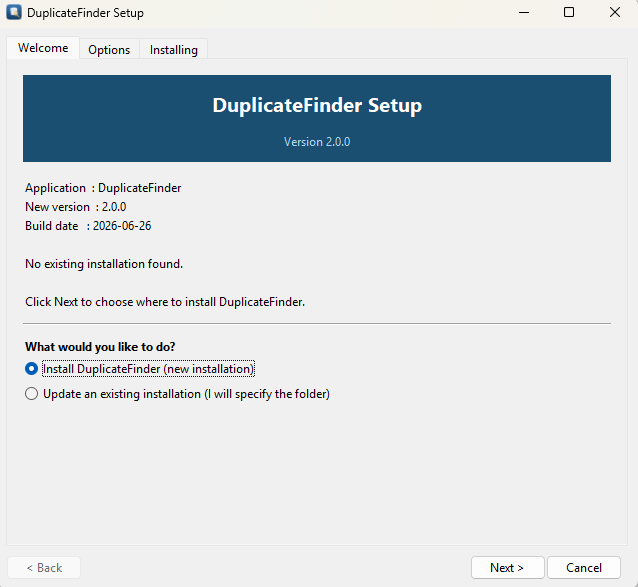 DuplicateFinder Setup welcome screen showing version 2.0.0 and install options