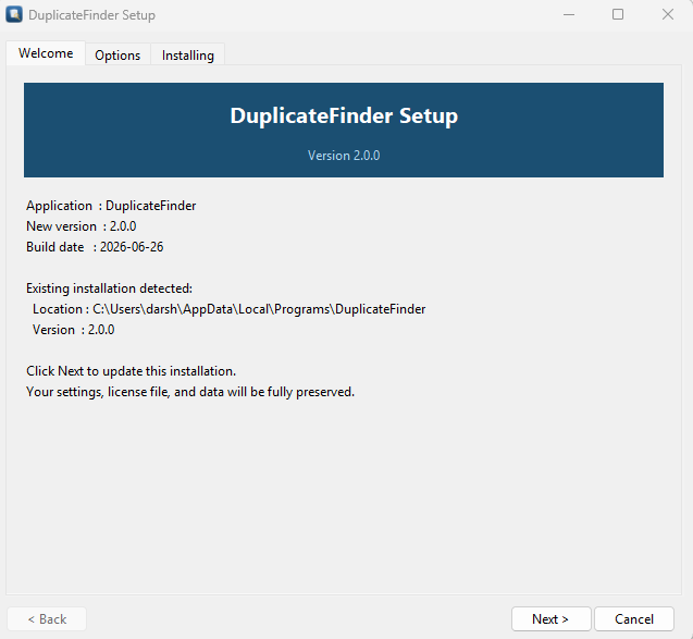 Setup welcome screen showing existing installation detected with location and version