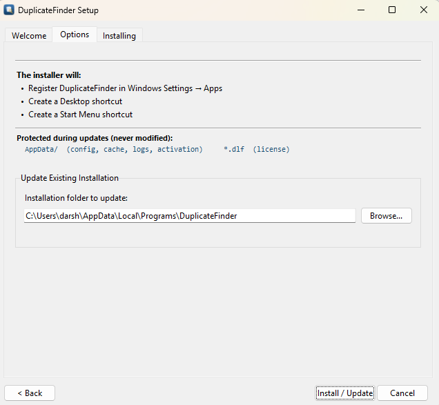 Setup Options tab listing installer actions and installation folder